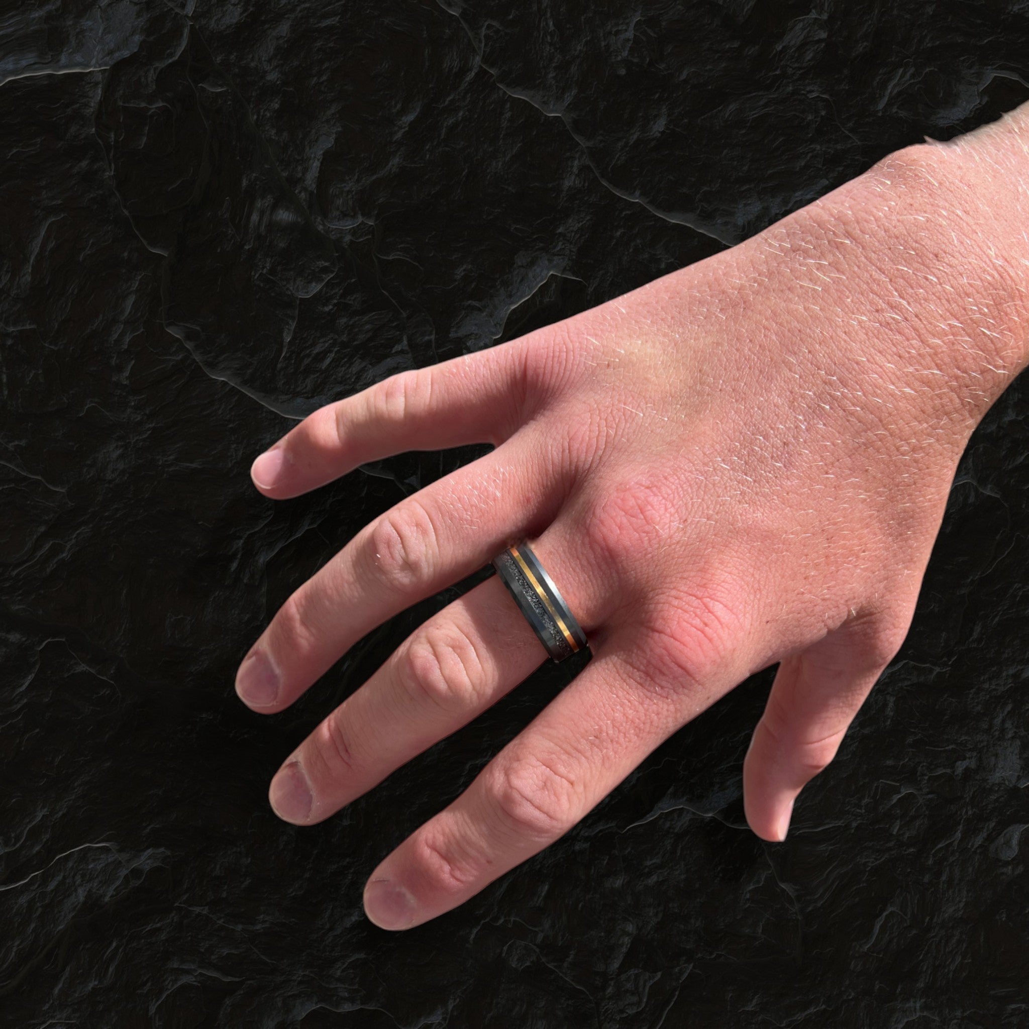 THE ORION - Size 10 - Polished - Meteorite + Yellow Gold Inlay with 14K Yellow Gold Sleeve - Ships Within 2 Business Days