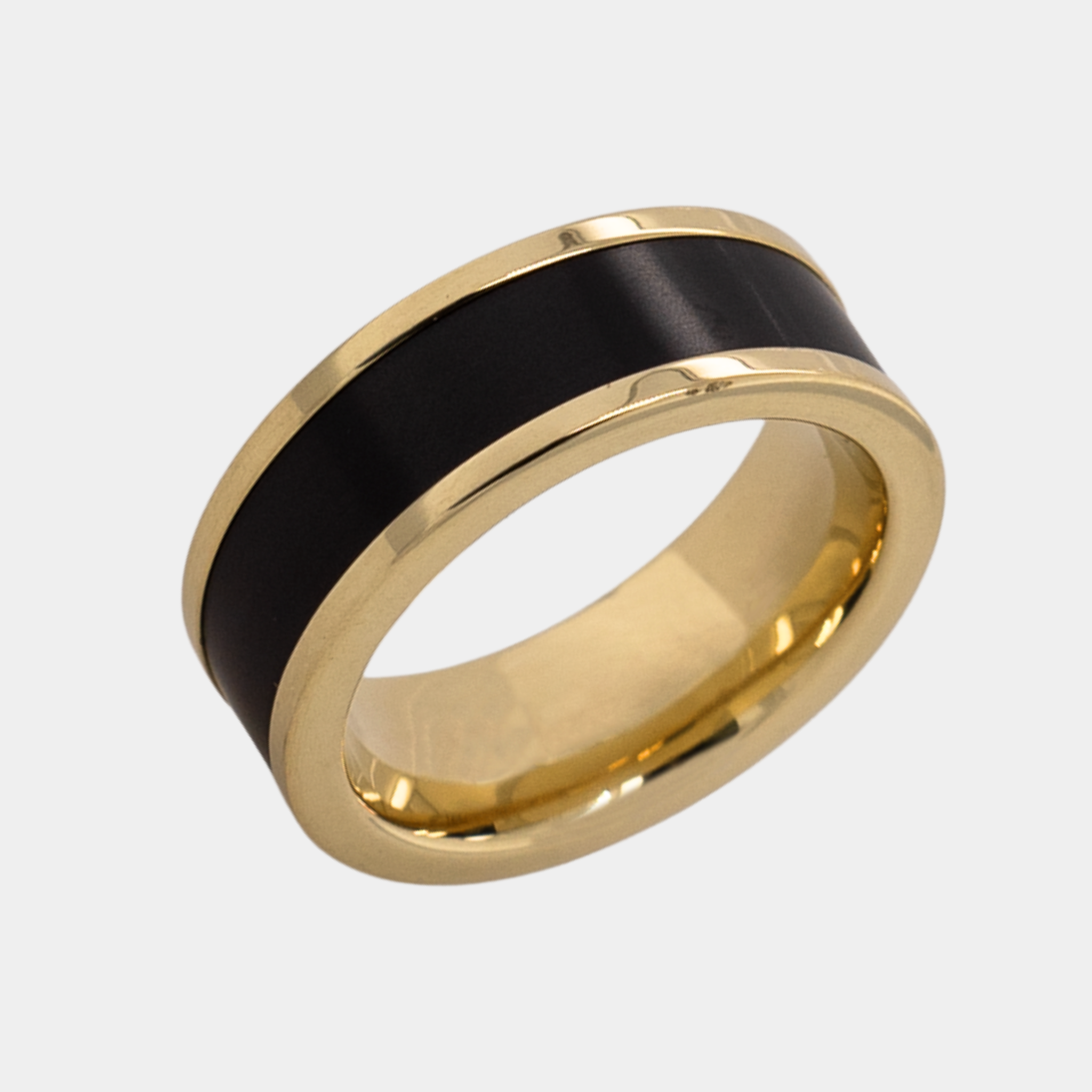 POSEIDON Flat Edge - 8mm - Size 8.5 - Polish Finish 14K Yellow Gold Band with Black Diamond Inlay - SHIPS WITHIN 2 BUSINESS DAYS