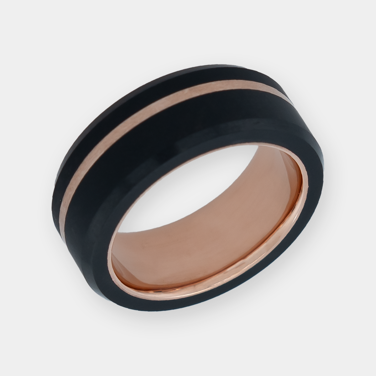 Black Diamond - Men’s Ring 8mm - 14k Rose Gold Sleeve with Rose Gold Offset Inlay - ARES - Elysium Black Diamond