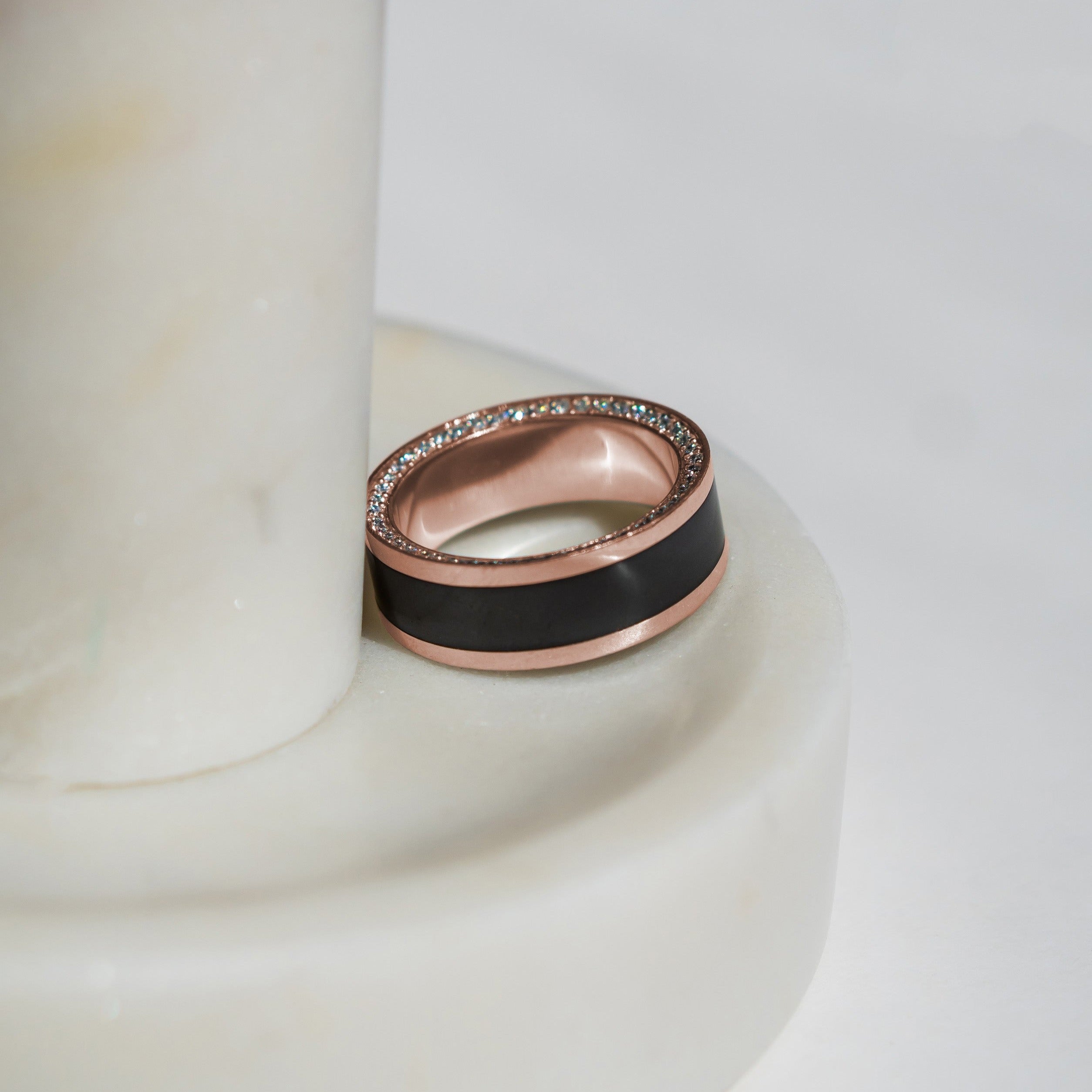 Black Diamond - Men’s Ring 8mm - Rose Gold Band w Black Diamond inlay and Diamond Insets - ZEUS - Elysium Black Diamond