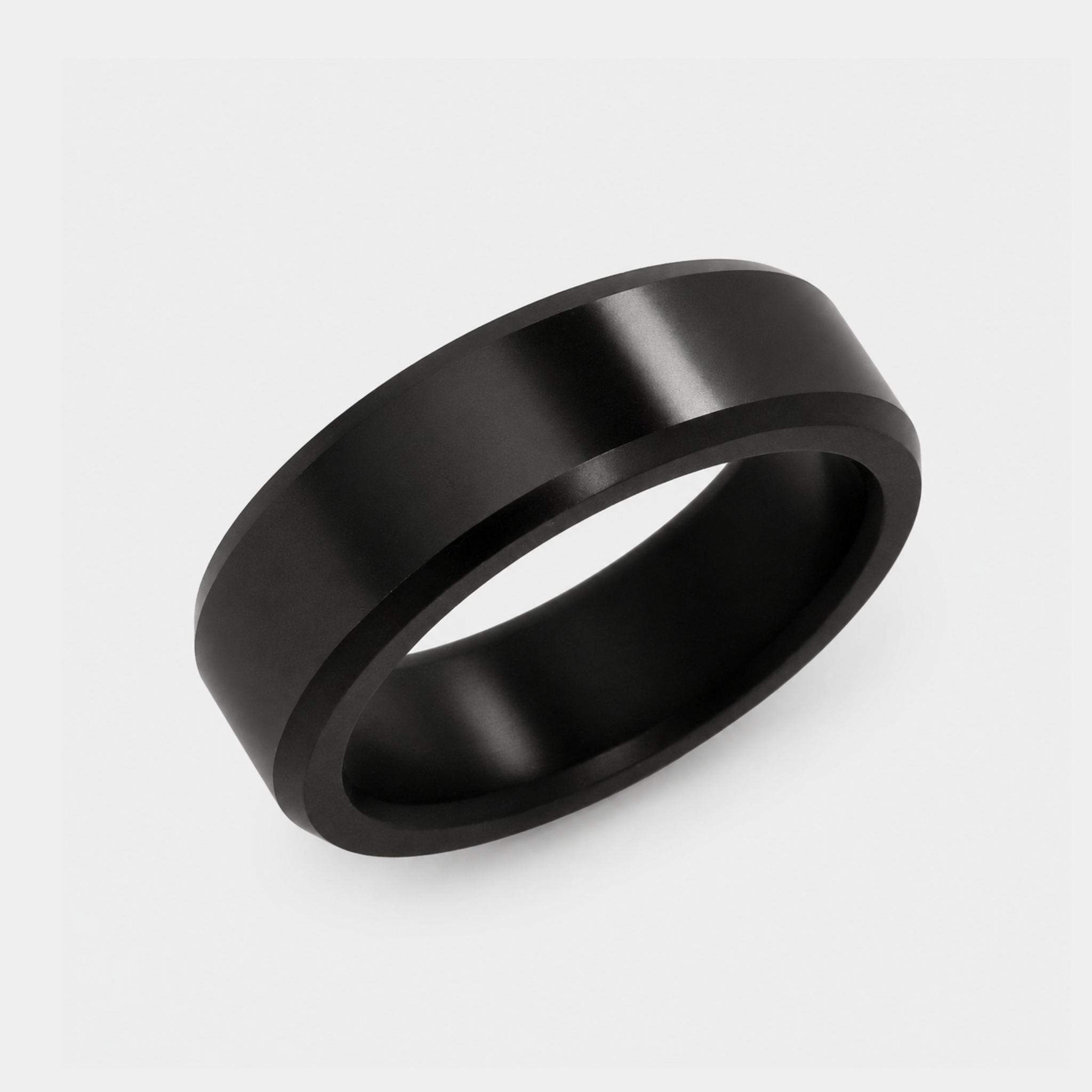 ARES solid black diamond wedding band in 7mm polished finish, shown at a three-quarter angle