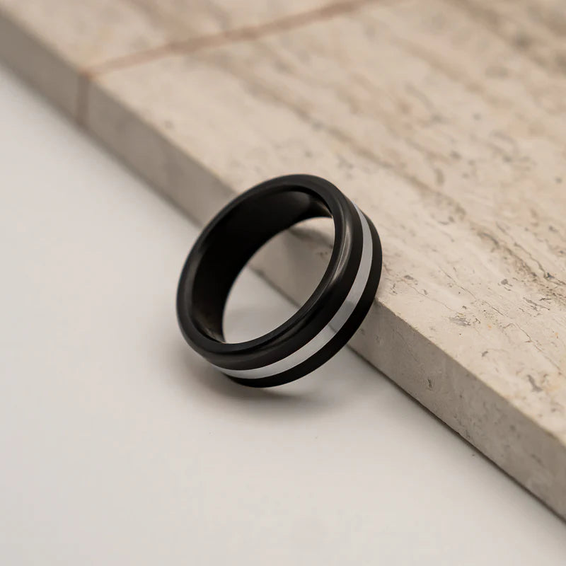 Black Diamond - Men’s Ring 8mm - Platinum Inlay - ARES - Elysium Black Diamond