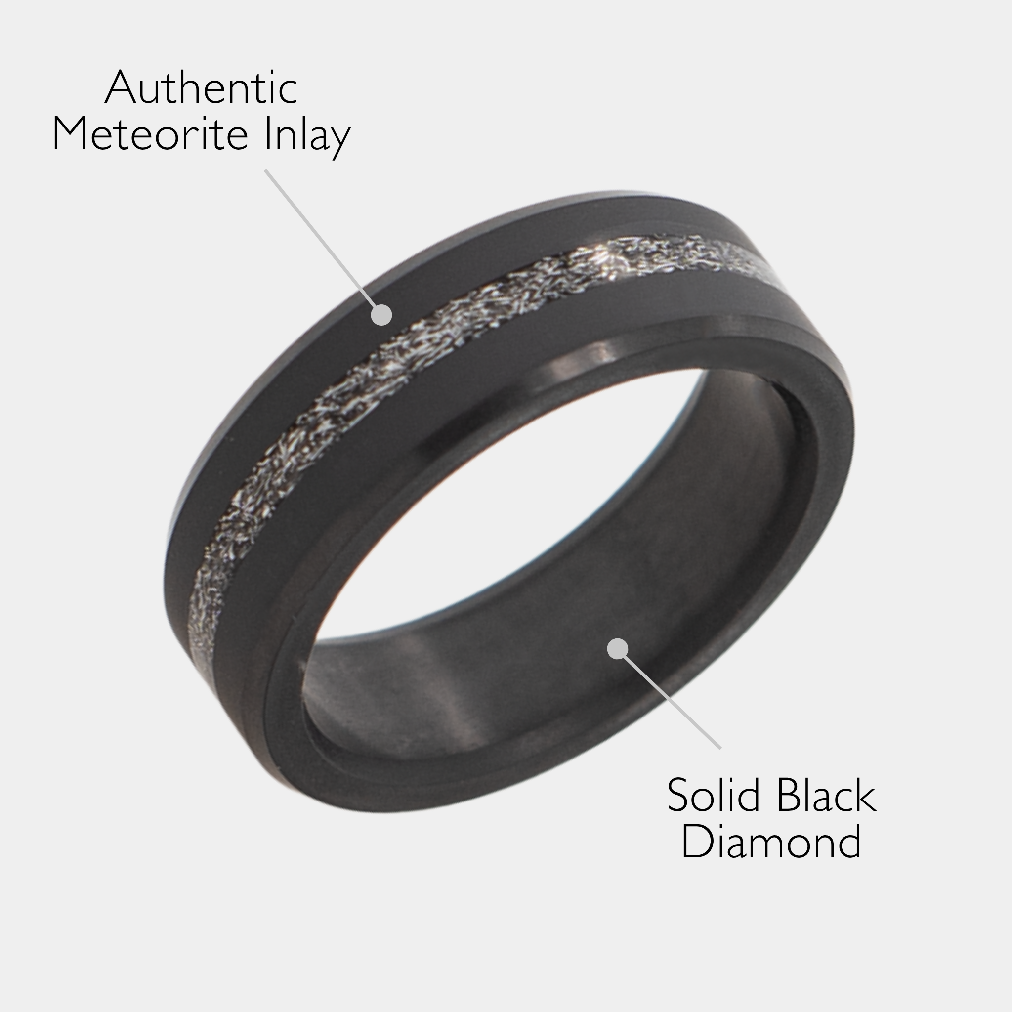 Solid Black Diamond ring with meteorite inlay on a light grey background featuring text "Authentic Meteorite Inlay" and "Solid Black Diamond"
