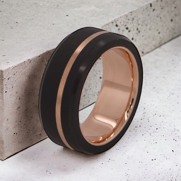 Black Diamond - Men’s Ring 8mm - 14k Rose Gold Sleeve with Rose Gold Offset Inlay  - ARES - Elysium Black Diamond