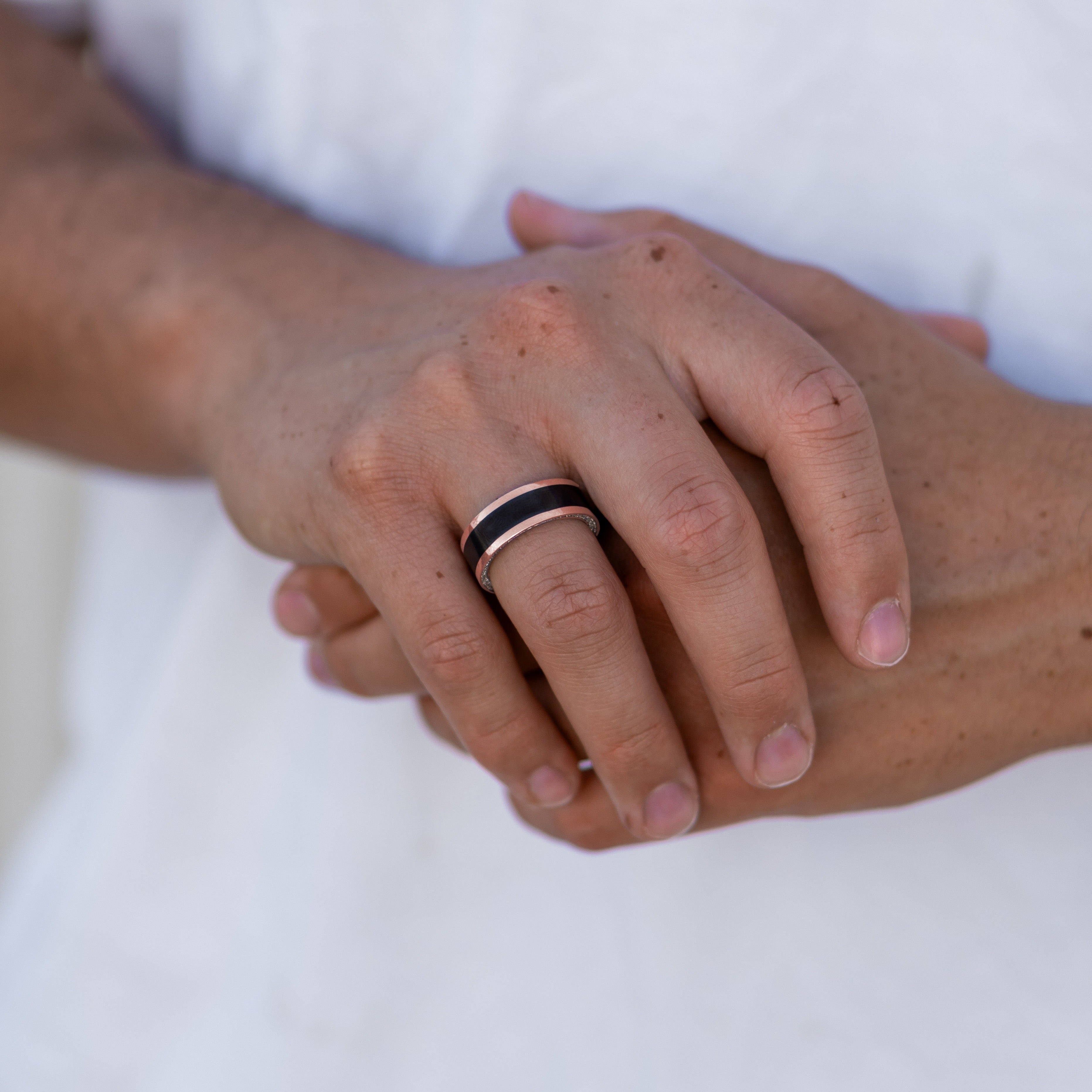 Black Diamond - Men’s Ring 8mm - Rose Gold Band w Black Diamond inlay and Diamond Insets - ZEUS - Elysium Black Diamond