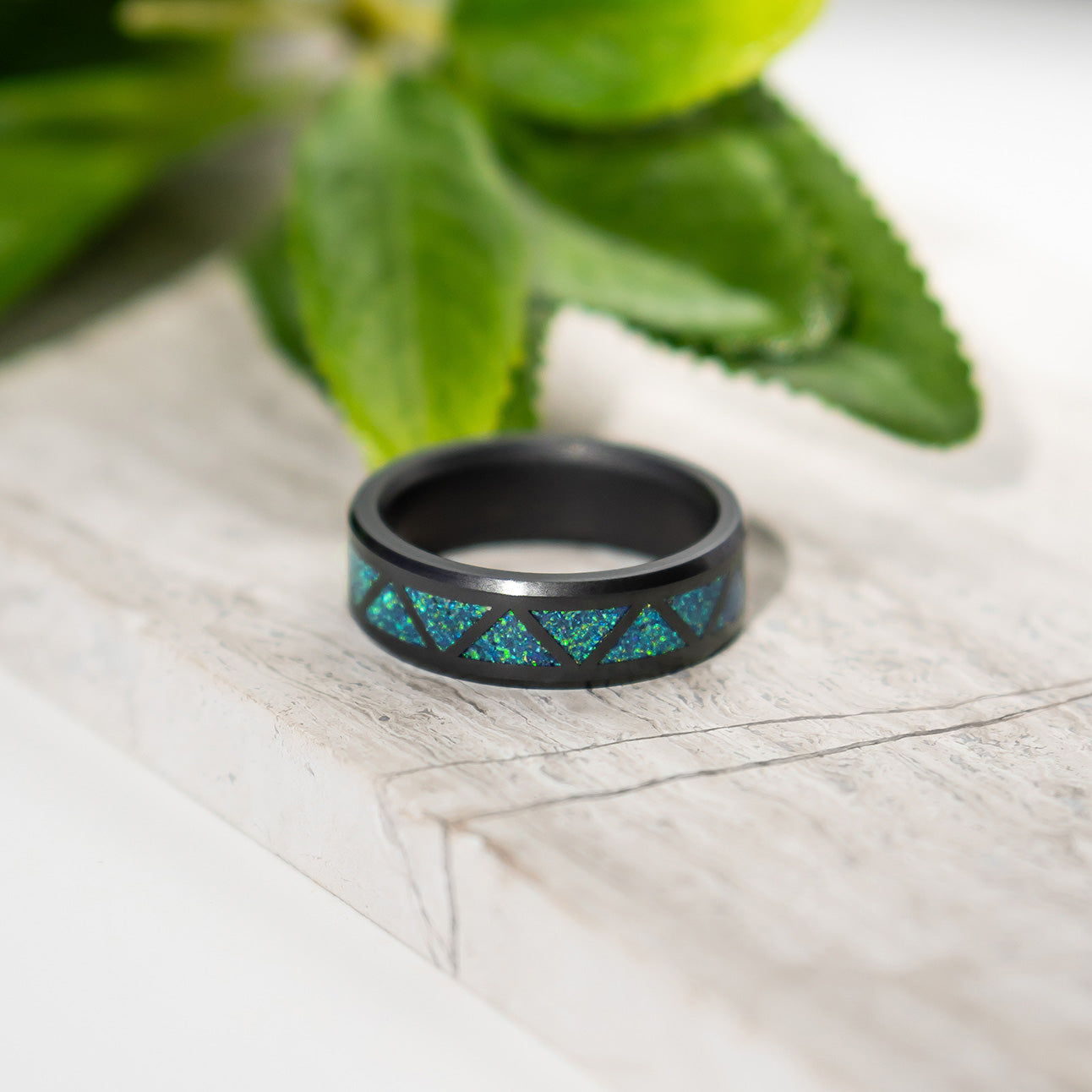 Black Diamond - Men’s Ring 8mm - Blue Dragon Opal Triangle Pattern Inlay - ARES - Elysium Black Diamond