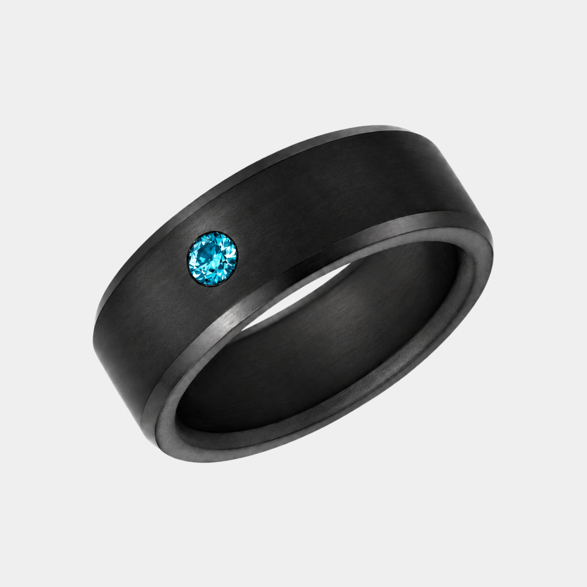 8mm ARES Stone Accent solid black diamond ring with beveled edges and a single Blue diamond, angled view.