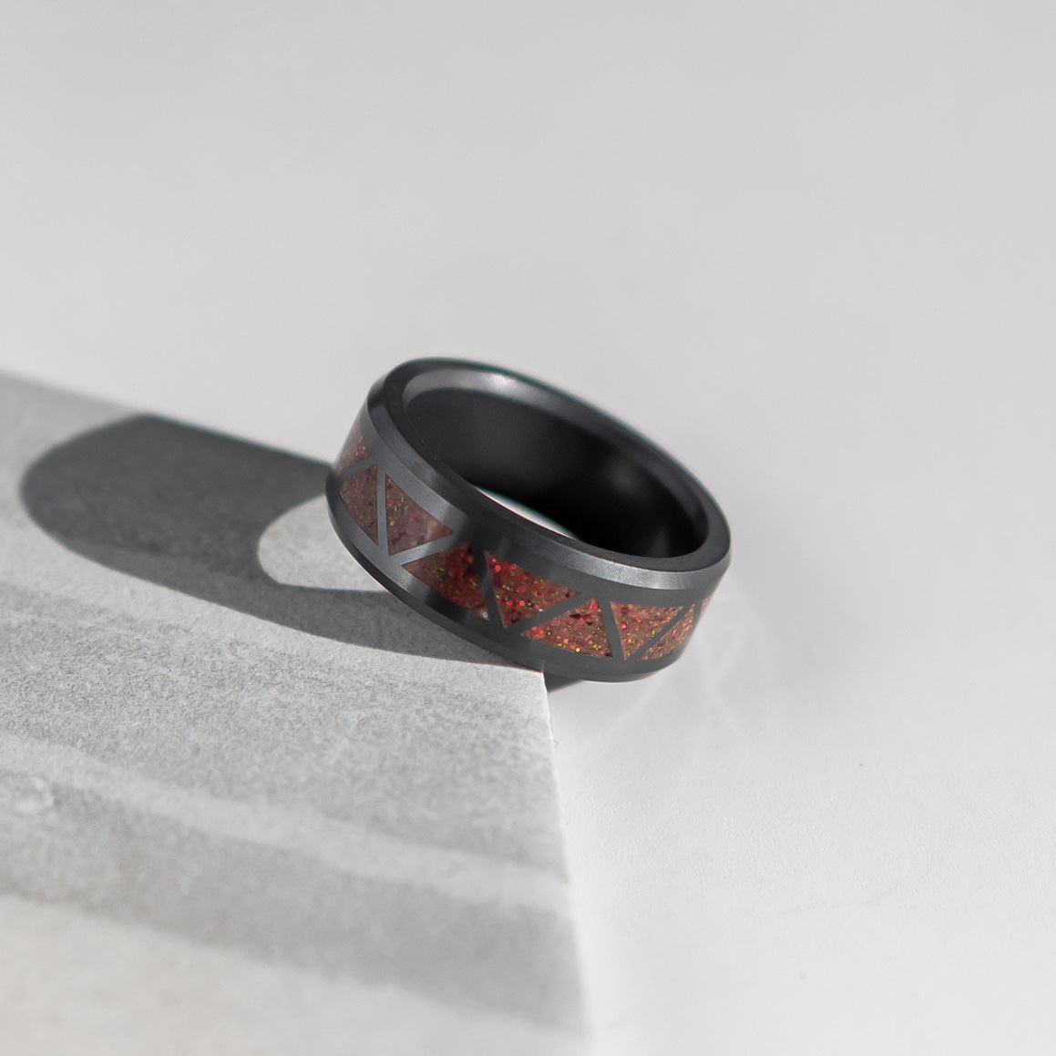 Black Diamond - Men’s Ring 8mm - Magma Opal Triangle Pattern Inlay - ARES - Elysium Black Diamond