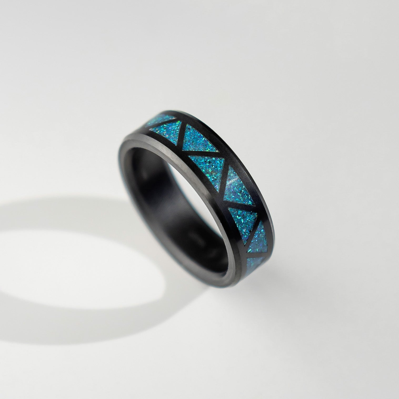 Black Diamond - Men’s Ring 8mm - Blue Dragon Opal Triangle Pattern Inlay - ARES - Elysium Black Diamond